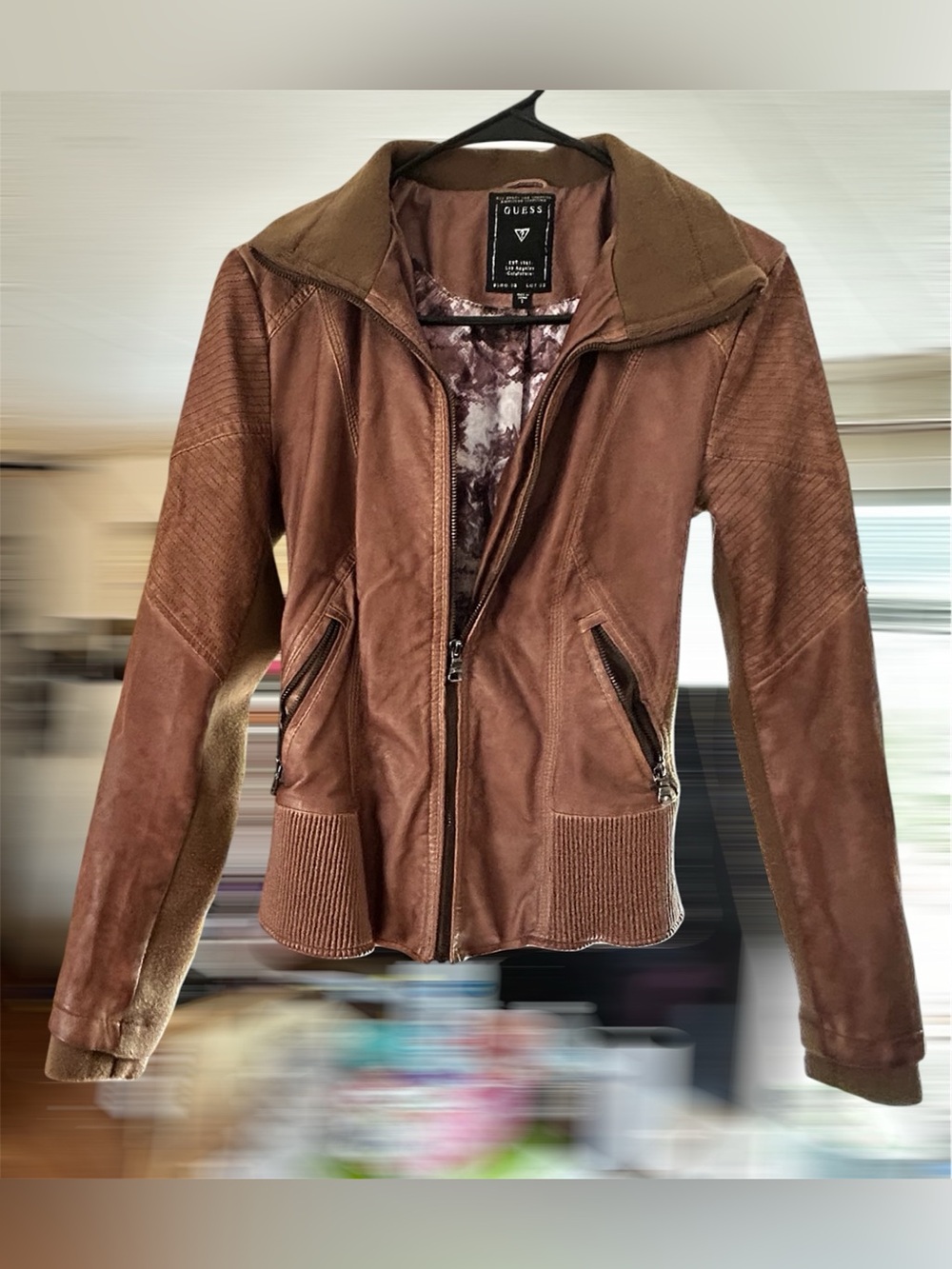 READ DESCRIPTION!! GUESS Vintage Chestnut Brown Leather-Style Zip Jacket